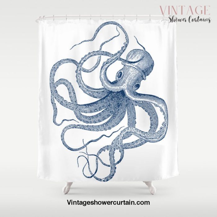 Blue nautical vintage octopus illustration Shower Curtain Offical Vintage Shower Curtain Merch