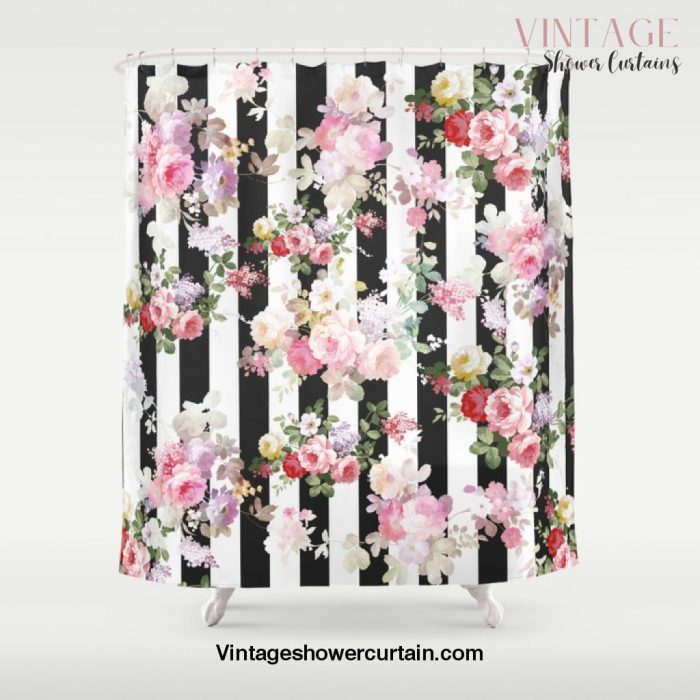 Bold pink watercolor roses floral black white stripes Shower Curtain Offical Vintage Shower Curtain Merch