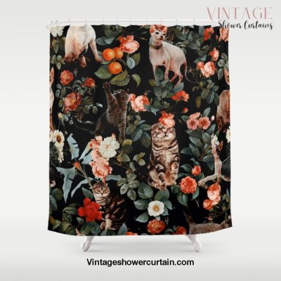 Cat and Floral Pattern II Shower Curtain Offical Vintage Shower Curtain Merch