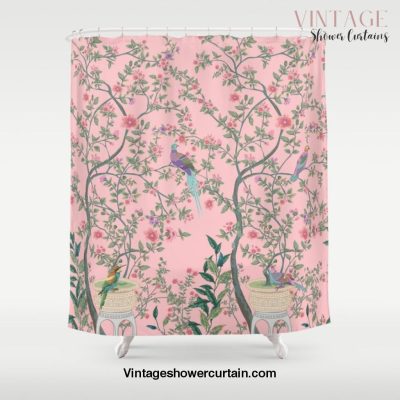 Chinoiserie Pink Fresco Floral Garden Birds Oriental Botanical Shower Curtain Offical Vintage Shower Curtain Merch