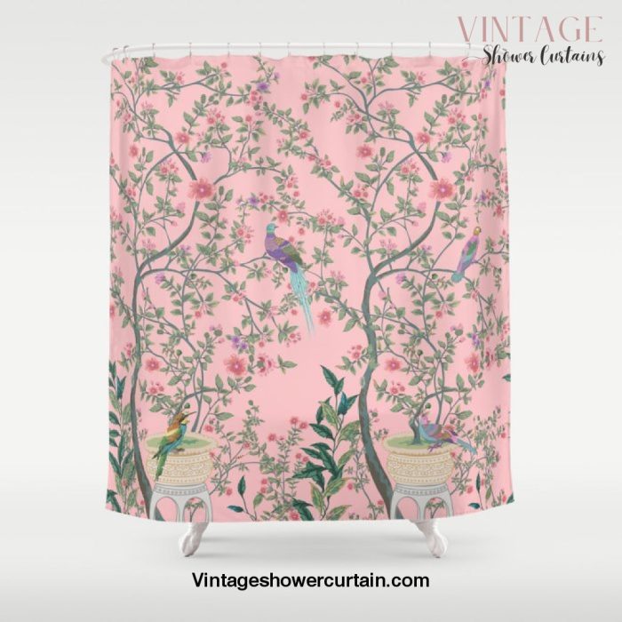 Chinoiserie Pink Fresco Floral Garden Birds Oriental Botanical Shower Curtain Offical Vintage Shower Curtain Merch