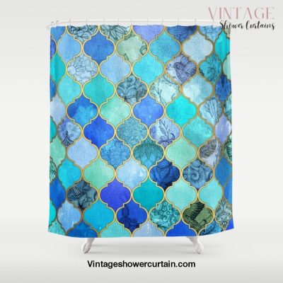 Cobalt Blue, Aqua & Gold Decorative Moroccan Tile Pattern Shower Curtain Offical Vintage Shower Curtain Merch