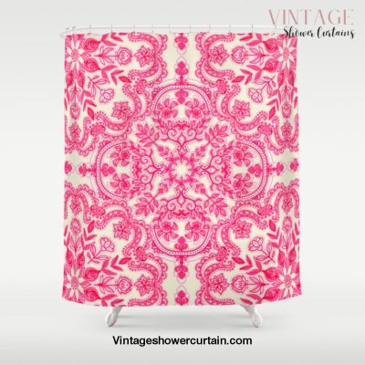 Hot Pink & Soft Cream Folk Art Pattern Shower Curtain Offical Vintage Shower Curtain Merch