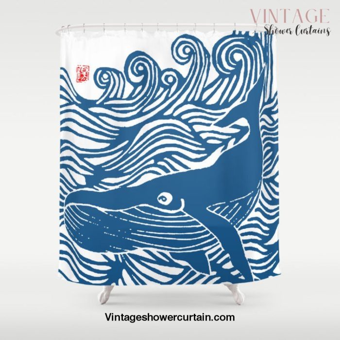 Japan Sea Whale Art Lino Shower Curtain Offical Vintage Shower Curtain Merch