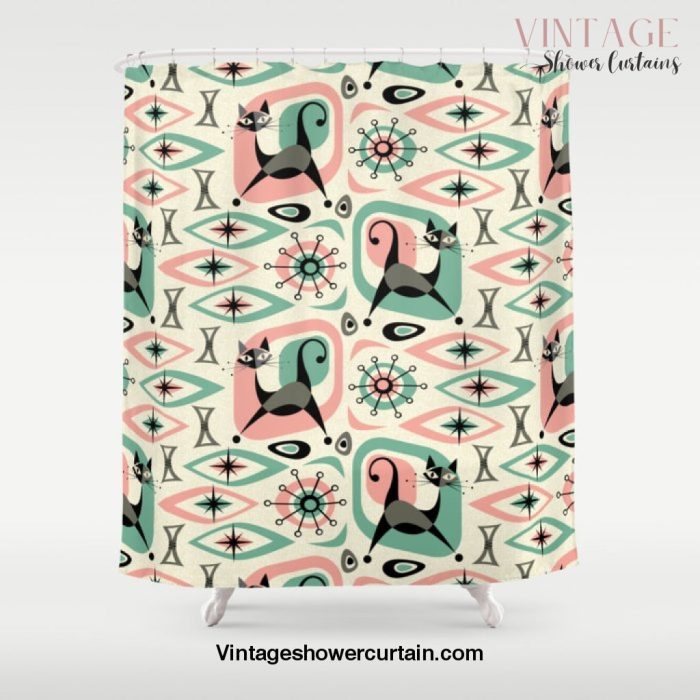 Mid Century Cat Abstract - Pink Aqua Shower Curtain Offical Vintage Shower Curtain Merch