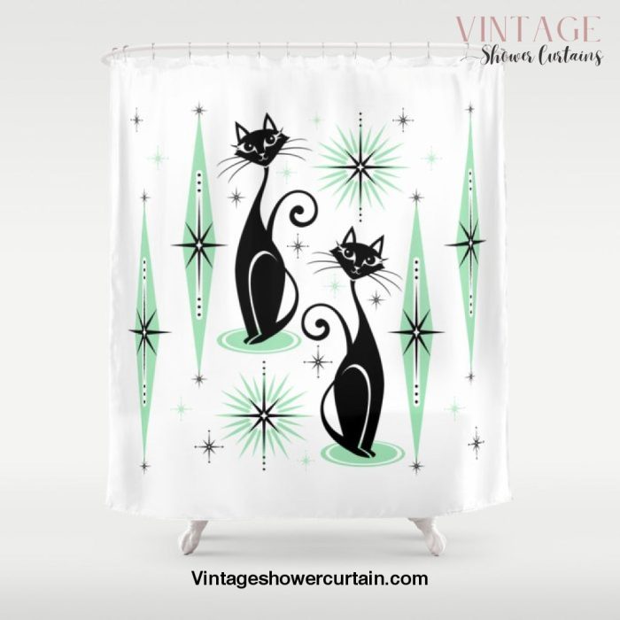 Mid Century Meow Retro Atomic Cats - w/ Mint on White Shower Curtain Offical Vintage Shower Curtain Merch