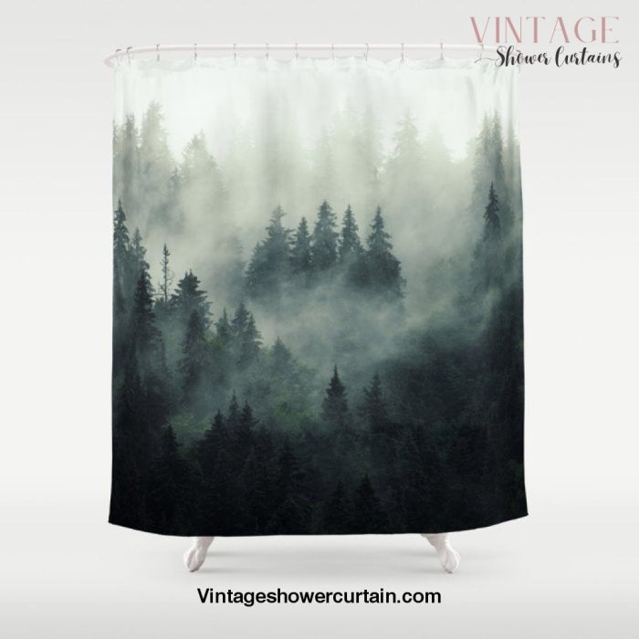 Misty pine fir forest landscape in hipster vintage retro style Shower Curtain Offical Vintage Shower Curtain Merch