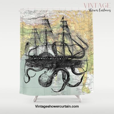 Octopus Attacks Ship on map background Shower Curtain Offical Vintage Shower Curtain Merch