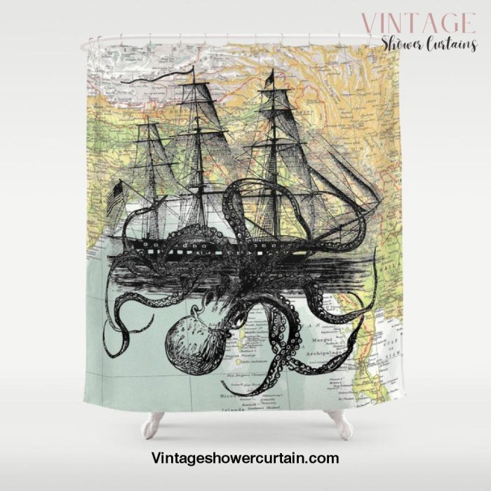 Octopus Attacks Ship on map background Shower Curtain Offical Vintage Shower Curtain Merch