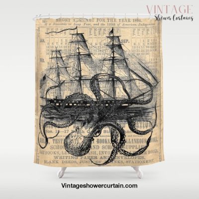 Octopus Kraken attacking Ship Antique Almanac Paper Shower Curtain Offical Vintage Shower Curtain Merch