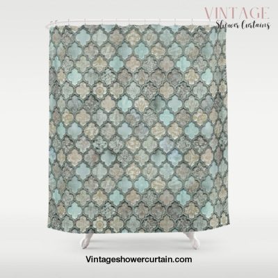 Old Moroccan Tiles Pattern Teal Beige Distressed Style Shower Curtain Offical Vintage Shower Curtain Merch