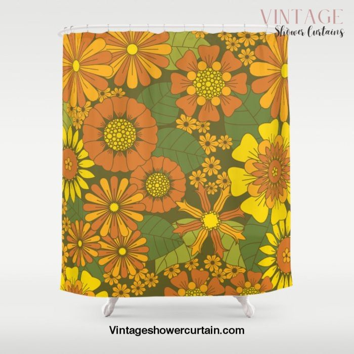 Orange, Brown, Yellow and Green Retro Daisy Pattern Shower Curtain Offical Vintage Shower Curtain Merch