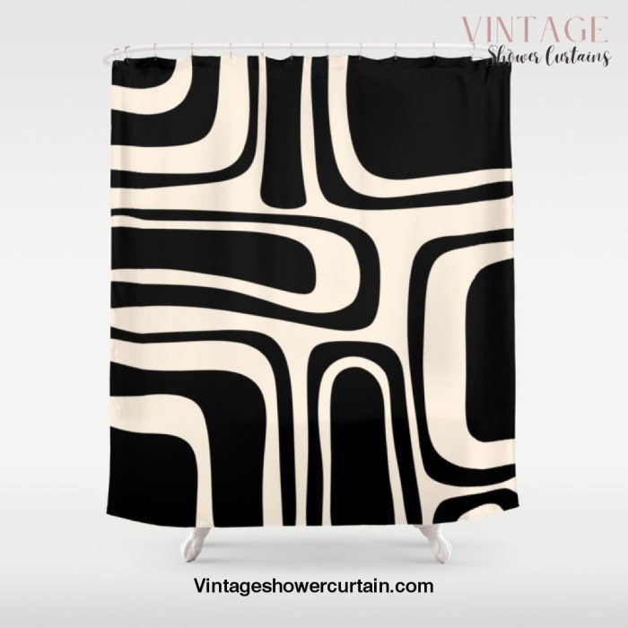 Palm Springs - Midcentury Modern Abstract Pattern in Black and Almond Cream Shower Curtain Offical Vintage Shower Curtain Merch