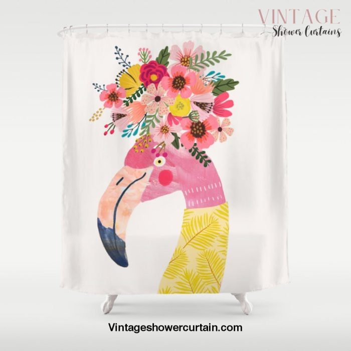 Pink flamingo with flowers on head Shower Curtain Offical Vintage Shower Curtain Merch