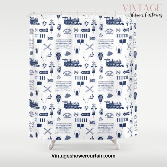 Railroad Symbols // Navy Blue Shower Curtain Offical Vintage Shower Curtain Merch