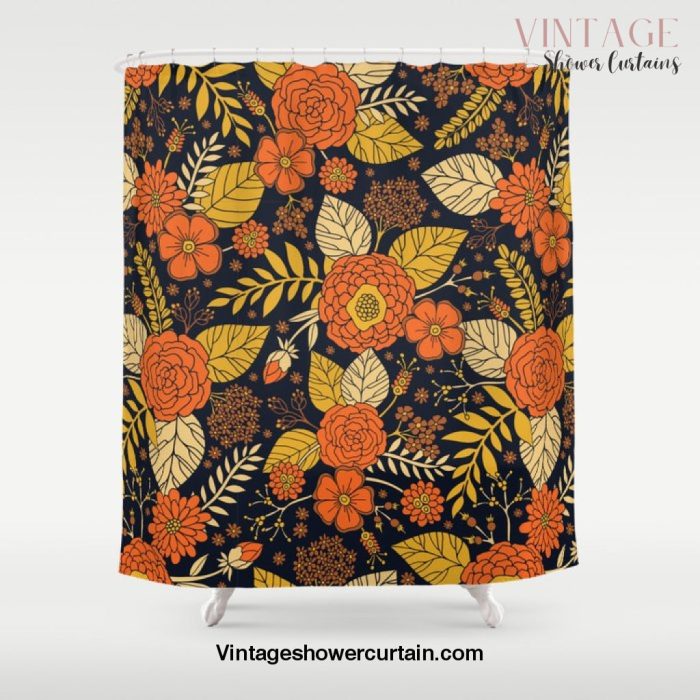 Retro Orange, Yellow, Brown, & Navy Floral Pattern Shower Curtain Offical Vintage Shower Curtain Merch