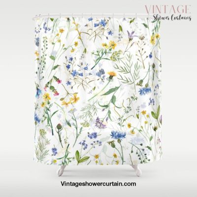 Scandinavian Midsummer Blue And Yellow Wildflowers Meadow Shower Curtain Offical Vintage Shower Curtain Merch