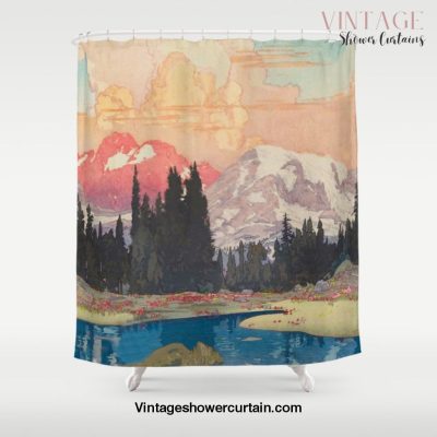 Storms over Keiisino - Winter Mountain & Forest Ukiyoe Nature Landscape in Pink, Blue, and Green Shower Curtain Offical Vintage Shower Curtain Merch