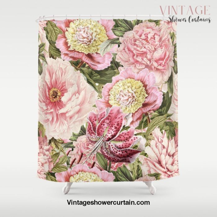 Vintage & Shabby Chic Floral Peony & Lily Flowers Watercolor Pattern Shower Curtain Offical Vintage Shower Curtain Merch