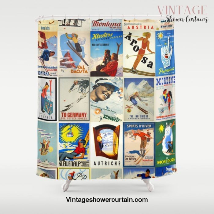 Vintage Skiing Posters Shower Curtain Offical Vintage Shower Curtain Merch