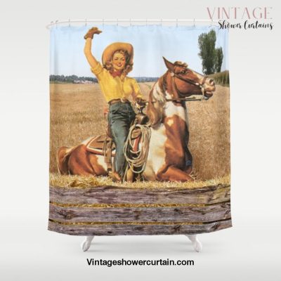 Vintage Western Cowgirl On Horse In Hay Field Shower Curtain Offical Vintage Shower Curtain Merch