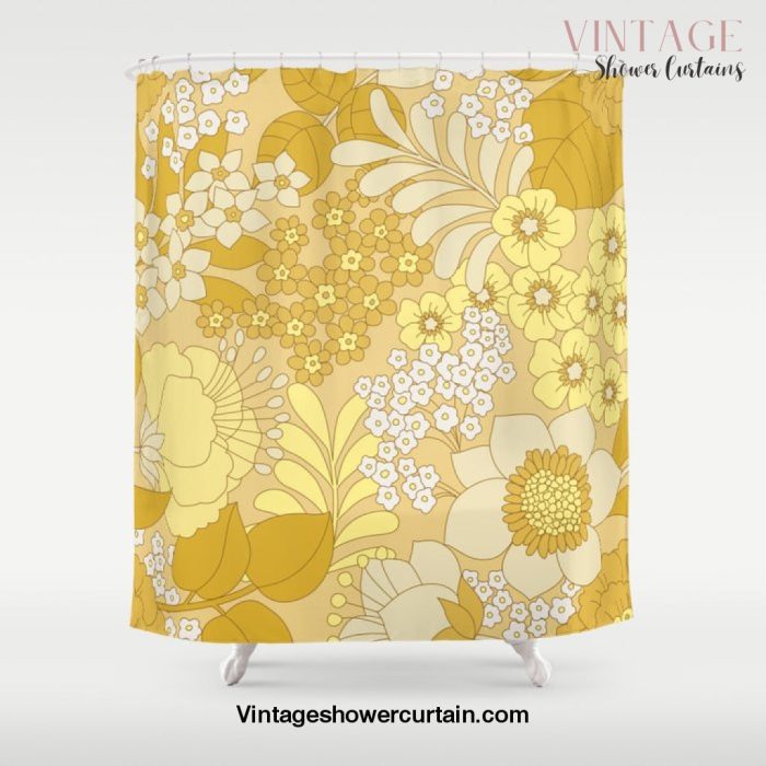 Yellow, Ivory & Brown Retro Floral Pattern Shower Curtain Offical Vintage Shower Curtain Merch